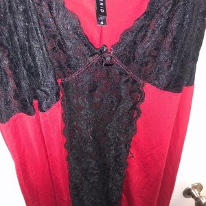 Sexy Red Satin & Black Lace Nightgown